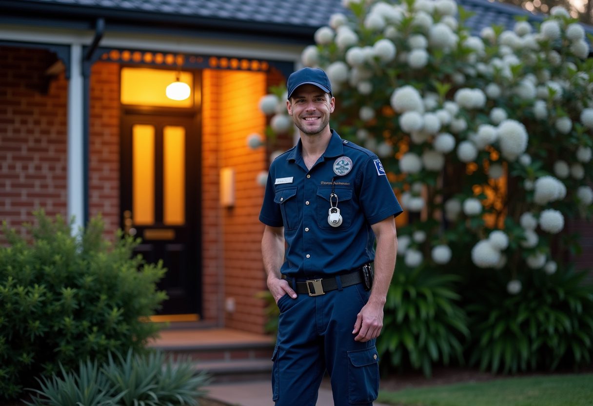 Locksmith opening a Federation home's front door at dusk — Eastwood